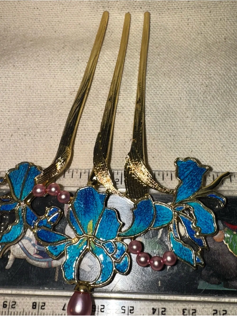 Elegant Blue & Green Enamel & Faux Pink Pearls Floral Gold Tone Metal Hair Fork